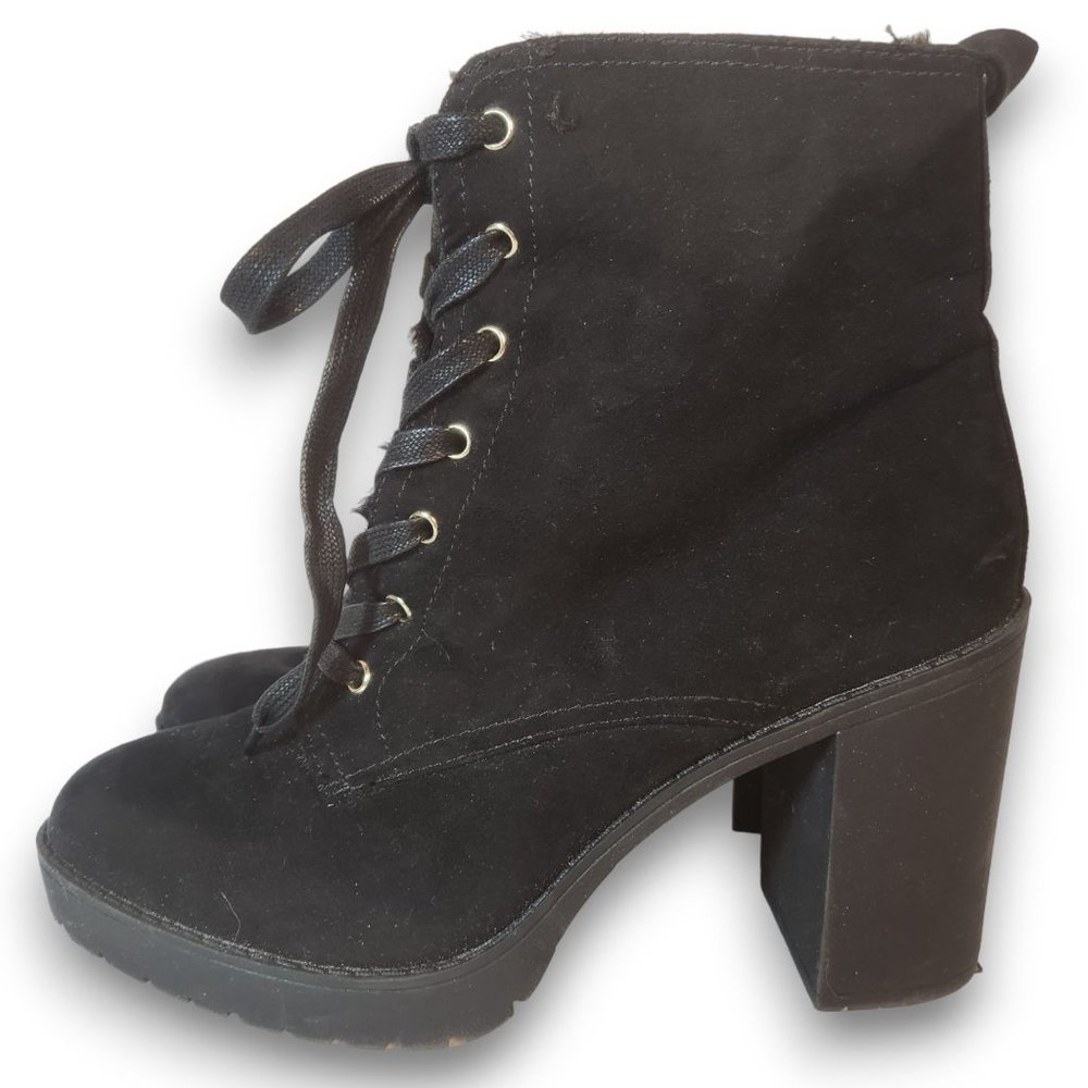 H&M Women's Black Lace-Up Booties Chunky 3" Heel Sherpa Lined Size 7